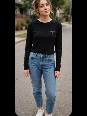 XOXO Black Long-Sleeve Cropped Top with Red Bow Accent